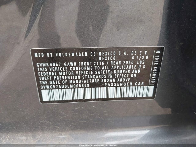45696741 :رقم المزاد ، 3VWG57AU0LM005868 vin ، 2020 Volkswagen Golf 1.4t Tsi مزاد بيع