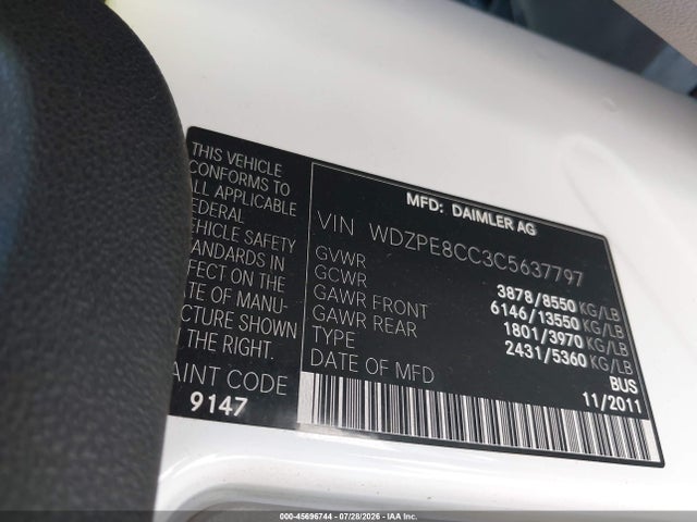 Aukcja sprzedaży 2012 Mercedes-benz Sprinter 2500 High  Roof, vin: WDZPE8CC3C5637797, numer aukcji: 45696744