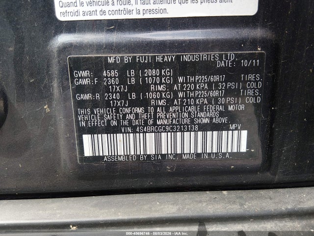 2012 Subaru Outback 2.5i Premium მანქანა იყიდება აუქციონზე, vin: 4S4BRCGC9C3213138, აუქციონის ნომერი: 45696746