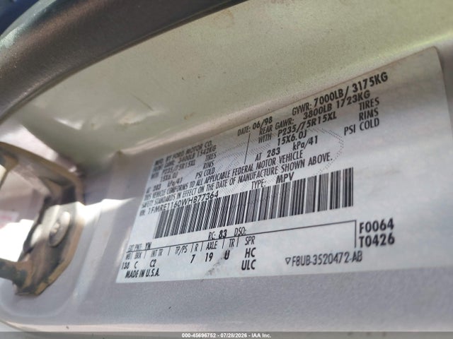 45696752 :رقم المزاد ، 1FMRE1160WHB77364 vin ، 1998 Ford Club Wagon Xl/xlt مزاد بيع