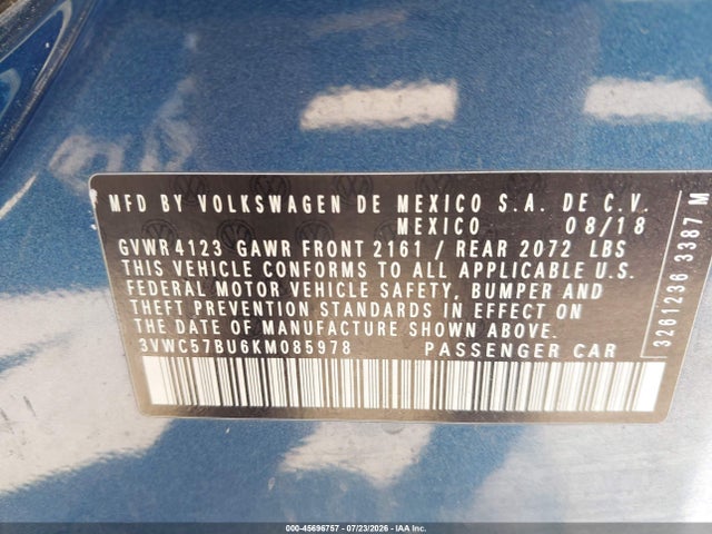 Продажа на аукционе авто 2019 Volkswagen Jetta 1.4t R-line/1.4t S/1.4t Se, vin: 3VWC57BU6KM085978, номер лота: 45696757