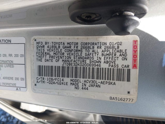 Продаж на аукціоні авто 2002 Toyota Camry Se, vin: JTDBE32K020069946, номер лоту: 45696758