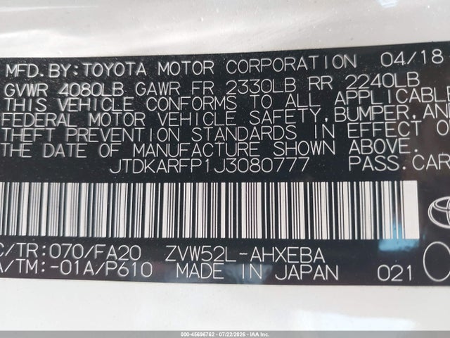 JTDKARFP1J3080777 Toyota Prius Prime Plus