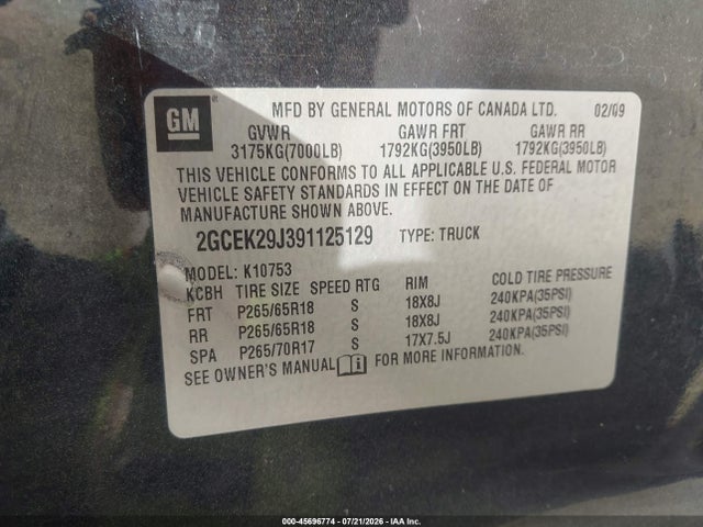 45696774 :رقم المزاد ، 2GCEK29J391125129 vin ، 2009 Chevrolet Silverado 1500 Lt مزاد بيع