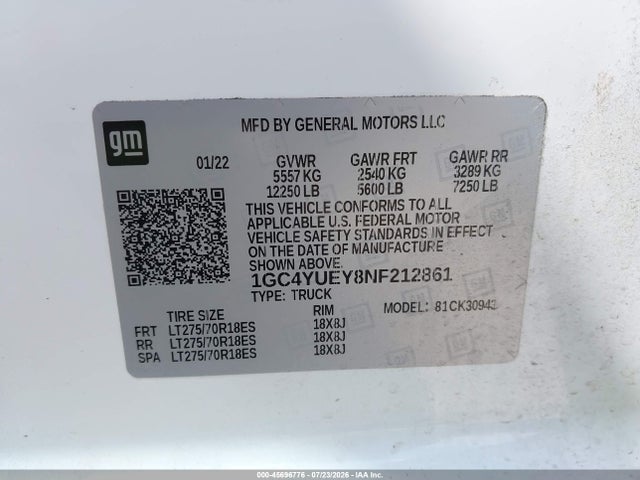 Продаж на аукціоні авто 2022 Chevrolet Silverado 3500hd 4wd  Long Bed Ltz, vin: 1GC4YUEY8NF212861, номер лоту: 45696776