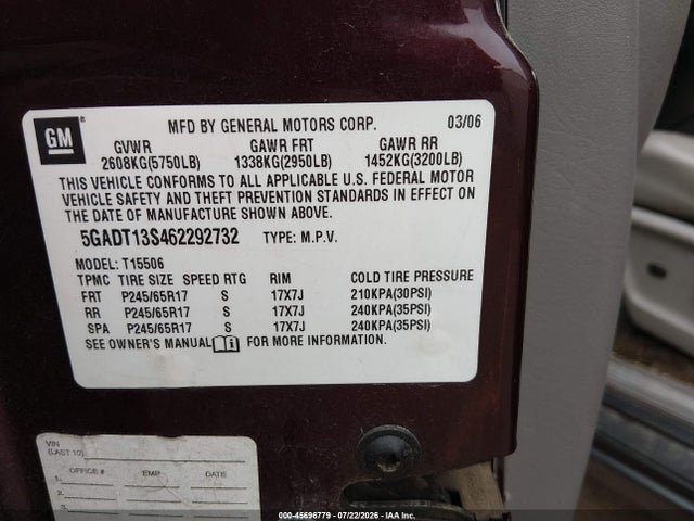 Aukcja sprzedaży 2006 Buick Rainier Cxl, vin: 5GADT13S462292732, numer aukcji: 45696779