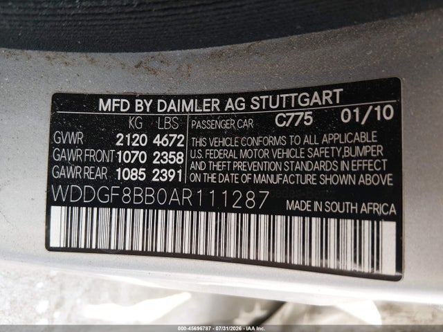 45696787 :رقم المزاد ، WDDGF8BB0AR111287 vin ، 2010 Mercedes-benz C 300 Luxury 4matic مزاد بيع