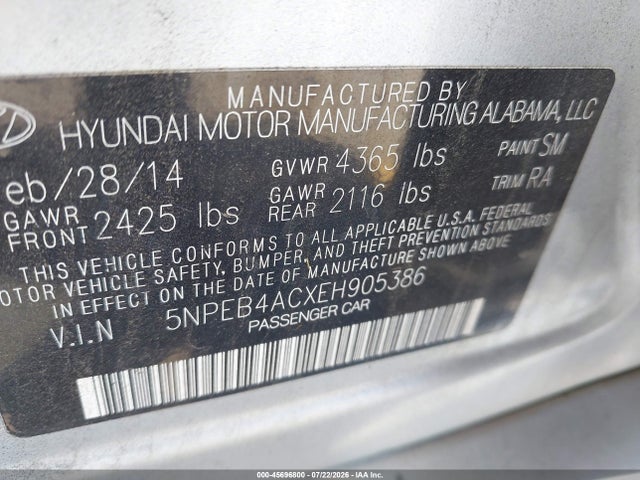 Hyundai SONATA GLS 2014 5NPEB4ACXEH905386 Image 9