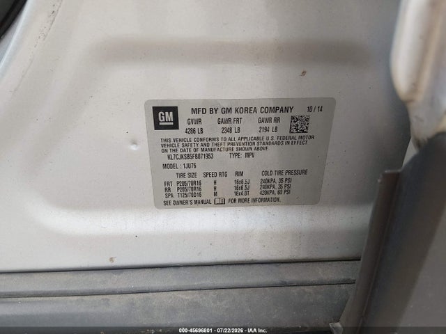 KL7CJKSB5FB071953 Chevrolet Trax 1ls
