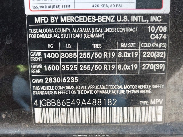 45696829 :رقم المزاد ، 4JGBB86E49A488182 vin ، 2009 Mercedes-benz Ml 350 4matic مزاد بيع