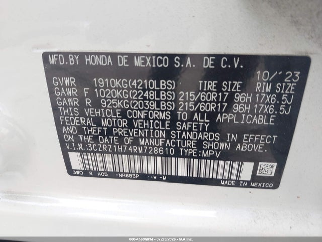 Aukcja sprzedaży 2024 Honda Hr-v 2wd Ex-l/2wd Ex-l W/o Bsi, vin: 3CZRZ1H74RM728610, numer aukcji: 45696834