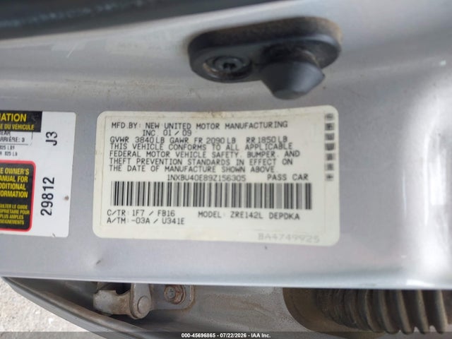 Продажа на аукционе авто 2009 Toyota Corolla Le, vin: 1NXBU40E89Z156305, номер лота: 45696865