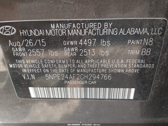 2016 Hyundai Sonata Se მანქანა იყიდება აუქციონზე, vin: 5NPE24AF2GH294766, აუქციონის ნომერი: 45696866