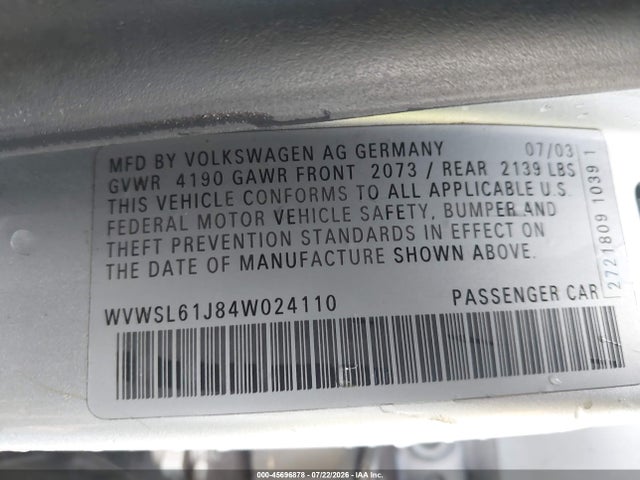 Продажа на аукционе авто 2004 Volkswagen Jetta Gls 2.0l, vin: WVWSL61J84W024110, номер лота: 45696878