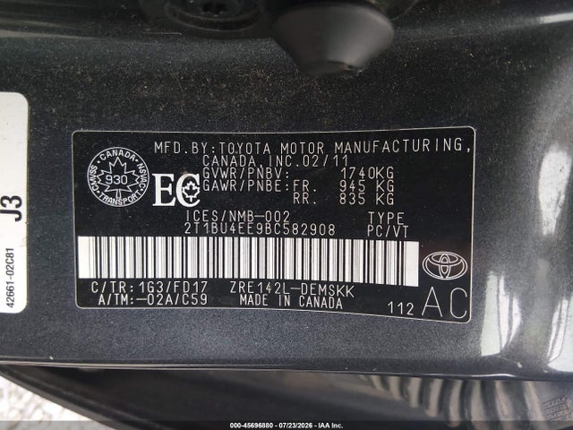 45696880 :رقم المزاد ، 2T1BU4EE9BC582908 vin ، 2011 Toyota Corolla S مزاد بيع