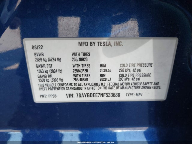 Продажа на аукционе авто 2022 Tesla Model Y Long Range Dual Motor All-wheel Drive, vin: 7SAYGDEE7NF533680, номер лота: 45696898