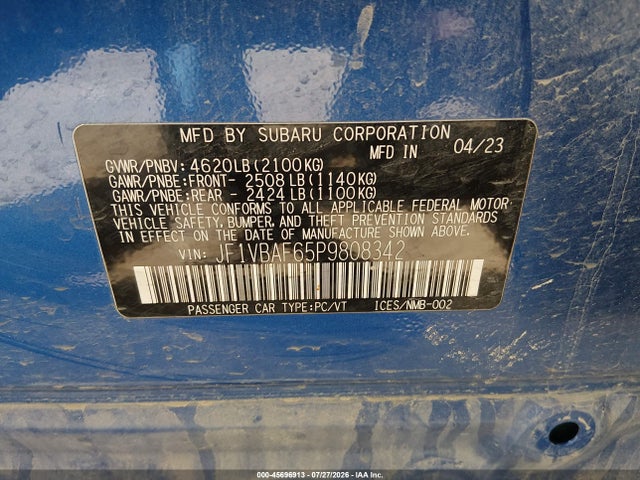 Aukcja sprzedaży 2023 Subaru Wrx Premium, vin: JF1VBAF65P9808342, numer aukcji: 45696913