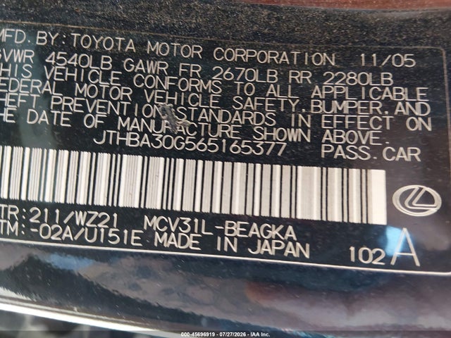 45696919 :رقم المزاد ، JTHBA30G565165377 vin ، 2006 Lexus Es 330 مزاد بيع