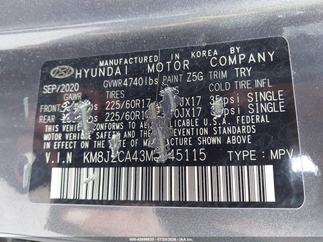 Aukcja sprzedaży 2021 Hyundai Tucson Se, vin: KM8J2CA43MU345115, numer aukcji: 45696930