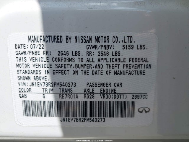 Продажа на аукционе авто 2023 Infiniti Q50 Luxe Awd, vin: JN1EV7BR2PM540273, номер лота: 45696932