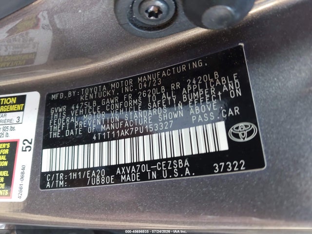 Aukcja sprzedaży 2023 Toyota Camry Se, vin: 4T1T11AK7PU153327, numer aukcji: 45696935