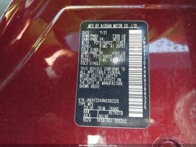 Aukcja sprzedaży 2022 Nissan Armada Platinum 2wd, vin: JN8AY2DA9N9390325, numer aukcji: 45696938