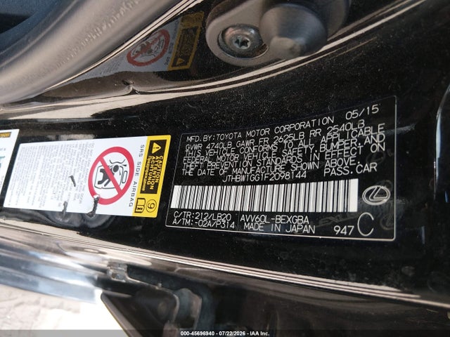 2015 Lexus Es 300h მანქანა იყიდება აუქციონზე, vin: JTHBW1GG1F2098144, აუქციონის ნომერი: 45696940
