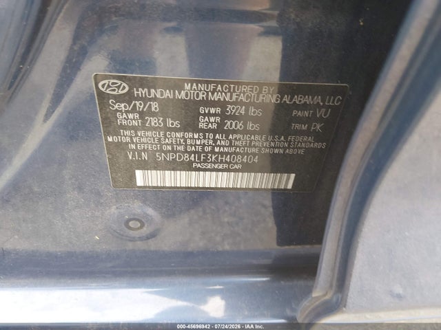 2019 Hyundai Elantra Sel მანქანა იყიდება აუქციონზე, vin: 5NPD84LF3KH408404, აუქციონის ნომერი: 45696942