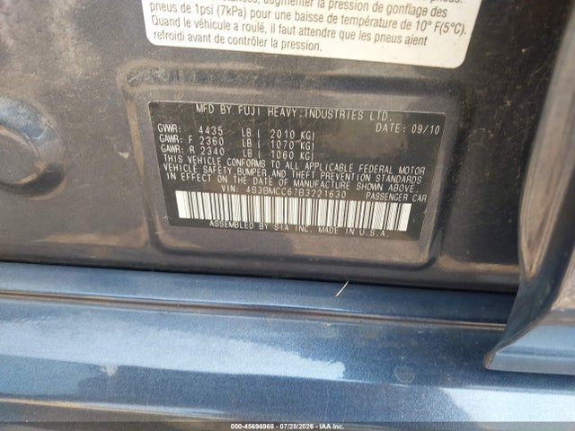 2011 Subaru Legacy 2.5i Premium მანქანა იყიდება აუქციონზე, vin: 4S3BMCC67B3221630, აუქციონის ნომერი: 45696968
