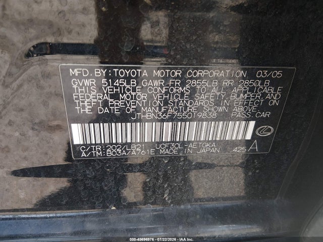 Aukcja sprzedaży 2005 Lexus Ls 430, vin: JTHBN36F755019838, numer aukcji: 45696976
