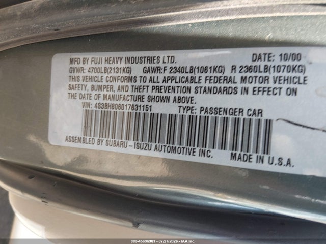 2001 Subaru Outback H6-3.0 მანქანა იყიდება აუქციონზე, vin: 4S3BH806017631151, აუქციონის ნომერი: 45696981