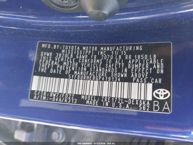 Aukcja sprzedaży 2016 Toyota Corolla S Plus, vin: 5YFBURHE8GP419134, numer aukcji: 45696985