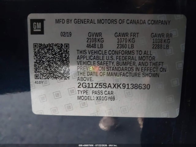 45697008 :رقم المزاد ، 2G11Z5SAXK9138630 vin ، 2019 Chevrolet Impala Lt مزاد بيع