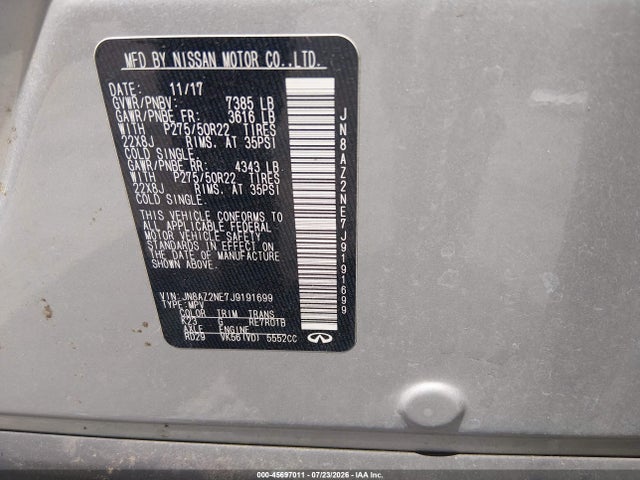 45697011 :رقم المزاد ، JN8AZ2NE7J9191699 vin ، 2018 Infiniti Qx80 مزاد بيع