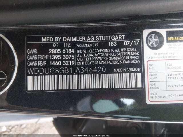 45697016 :رقم المزاد ، WDDUG8GB1JA346420 vin ، 2018 Mercedes-benz S 560 4matic مزاد بيع