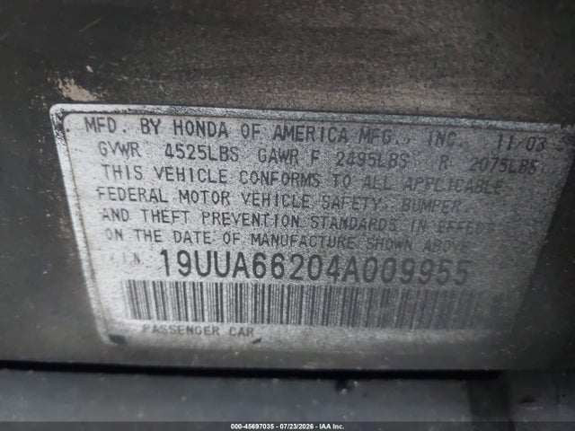 Aukcja sprzedaży 2004 Acura Tl, vin: 19UUA66204A009955, numer aukcji: 45697035