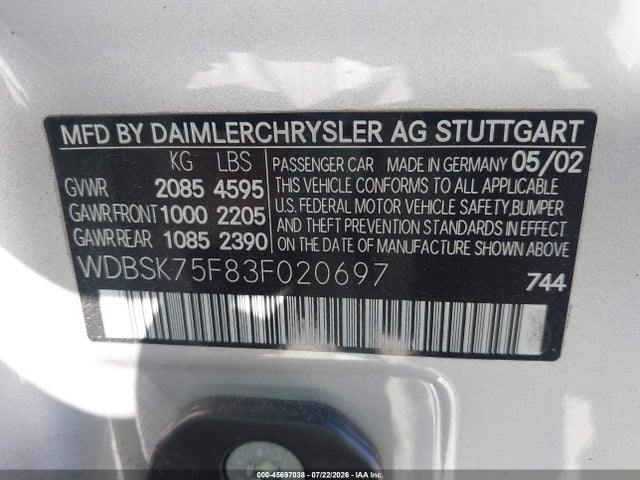 Продажа на аукционе авто 2003 Mercedes-benz Sl 500, vin: WDBSK75F83F020697, номер лота: 45697038
