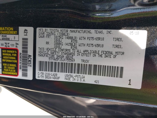 5TFHW5F15JX755569 Toyota Tundra Limited 5.7l V8