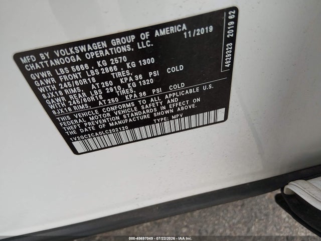 45697049 :رقم المزاد ، 1V2GC2CA0LC202120 vin ، 2020 Volkswagen Atlas Cross Sport 2.0t S مزاد بيع