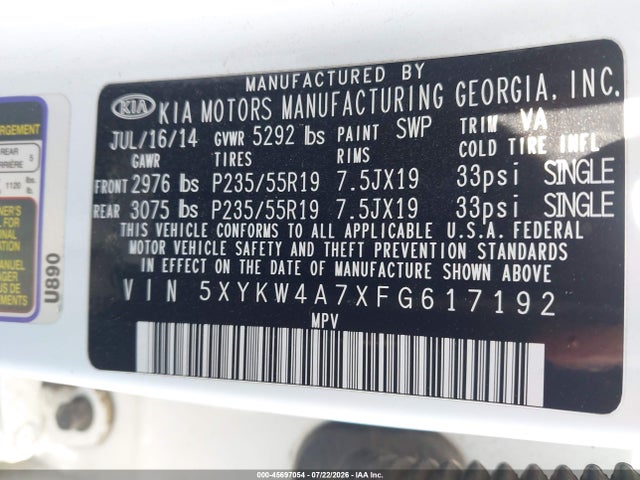 5XYKW4A7XFG617192 KIA Sorento Limited V6