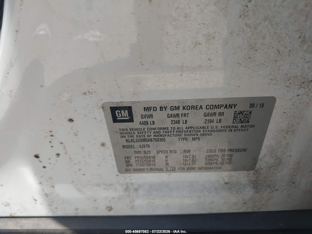 2019 Buick Encore Awd Essence მანქანა იყიდება აუქციონზე, vin: KL4CJGSM5KB758355, აუქციონის ნომერი: 45697082
