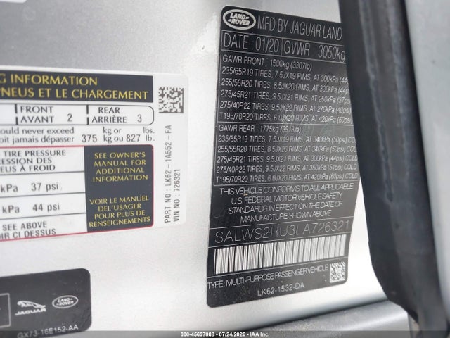 Продажа на аукционе авто 2020 Land Rover Range Rover Sport Hst Mhev, vin: SALWS2RU3LA726321, номер лота: 45697088