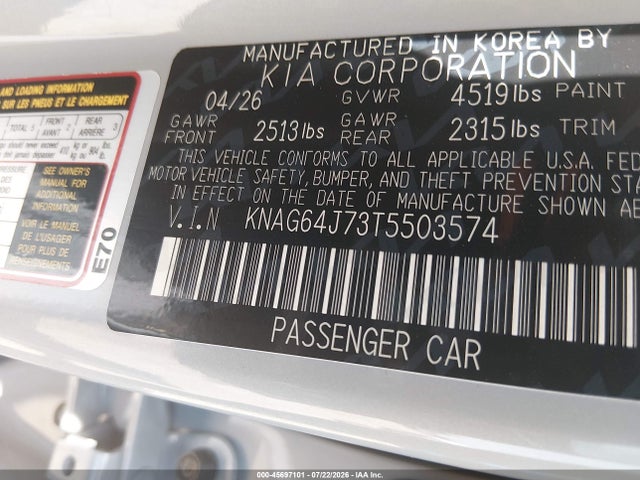 Продажа на аукционе авто 2026 Kia K5 Gt-line Awd, vin: KNAG64J73T5503574, номер лота: 45697101