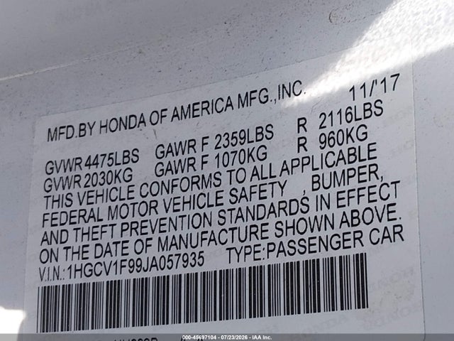 1HGCV1F99JA057935 Honda Accord Touring