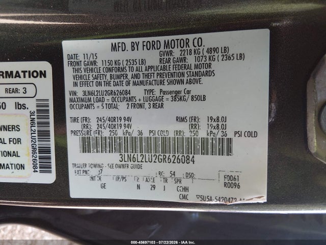 Aukcja sprzedaży 2016 Lincoln Mkz Hybrid, vin: 3LN6L2LU2GR626084, numer aukcji: 45697103