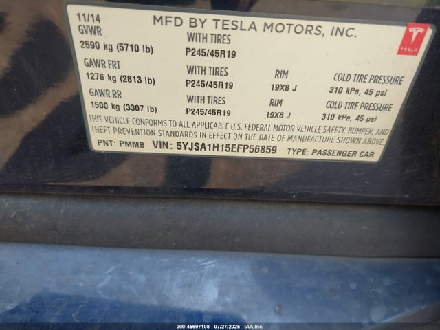 Продажа на аукционе авто 2014 Tesla Model S P85, vin: 5YJSA1H15EFP56859, номер лота: 45697108