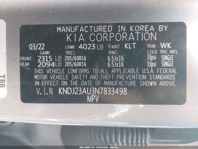 Продажа на аукционе авто 2022 Kia Soul Lx, vin: KNDJ23AU3N7833498, номер лота: 45697110