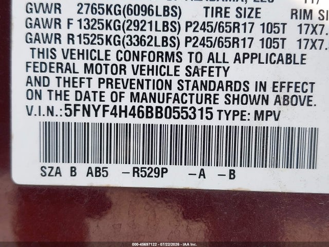 45697122 :رقم المزاد ، 5FNYF4H46BB055315 vin ، 2011 Honda Pilot Ex مزاد بيع