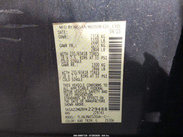 Nissan MURANO SL 2015 5N1AZ2MG9FN229488 Image 9