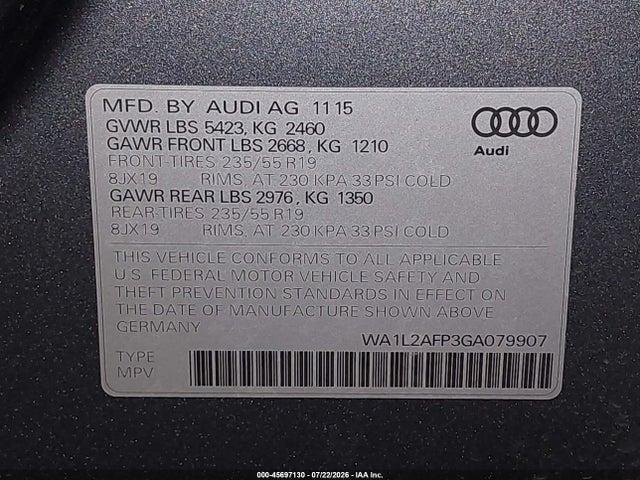 Продаж на аукціоні авто 2016 Audi Q5 2.0t Premium, vin: WA1L2AFP3GA079907, номер лоту: 45697130